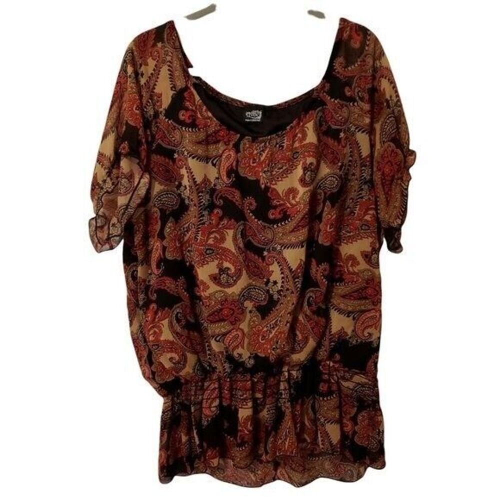 THX Thanx Collection Womens Sz XL Brown Multicolor Paisley Short Sleeve Blouse